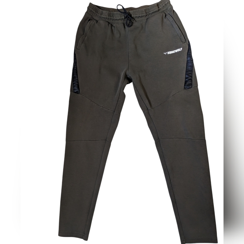 Squatwolf mens Warrior olive green joggers with faux leather trim XL